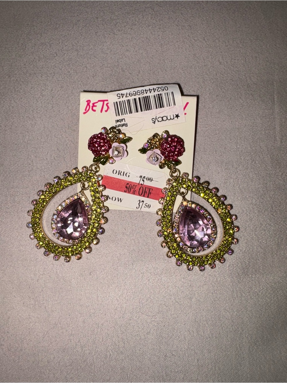 Betsey Johnson Pink and Lime Green Teardrop Crystal Dangle Earrings